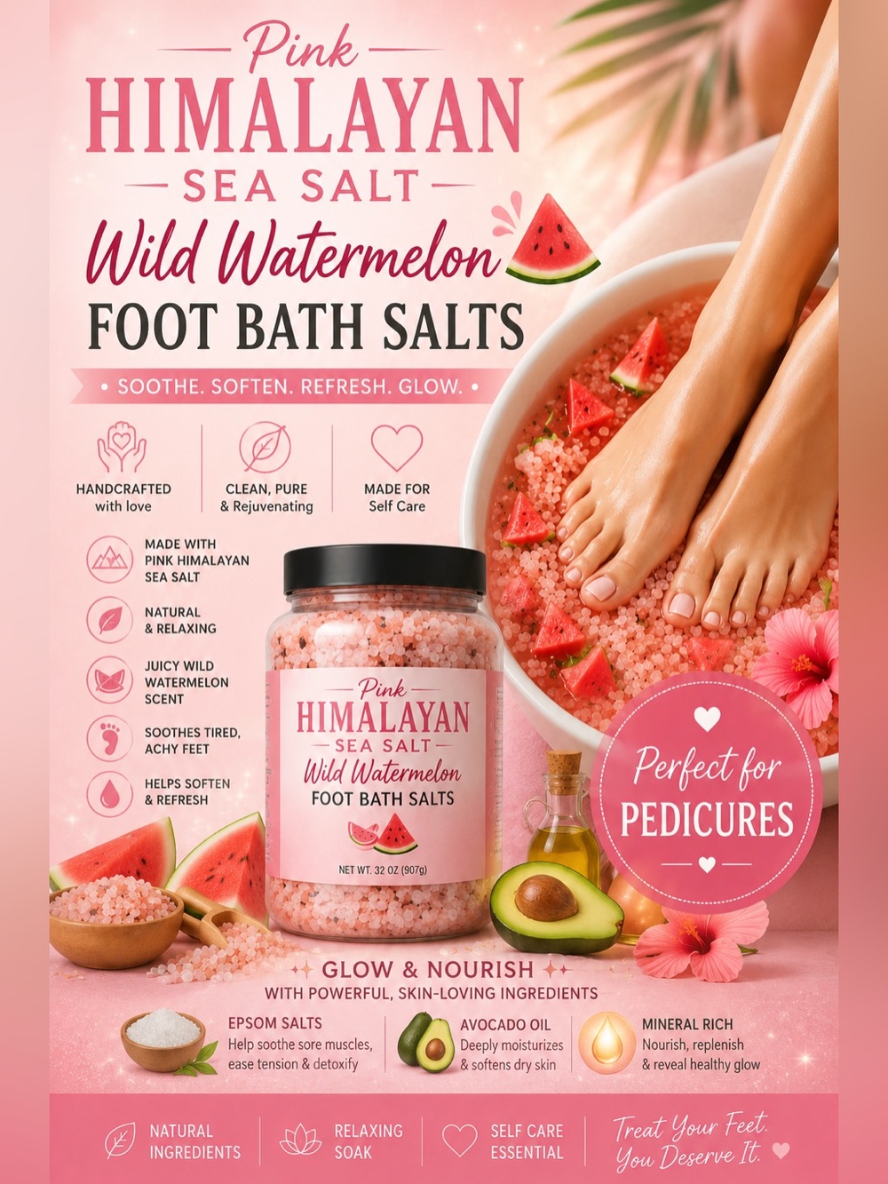 Handcrafted Wild Watermelon Foot Bath Salts - Soothing Pedicure Soak